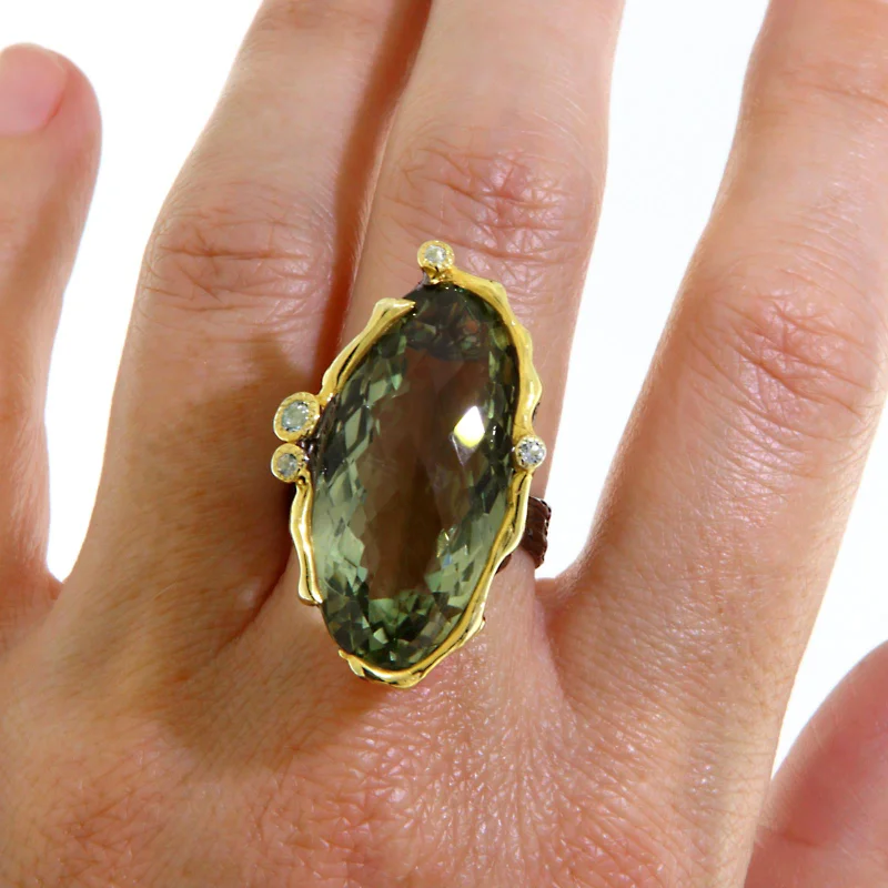 Inel Argint 925 Rodiat Negru Accente Aurii Ametist Verde Natural - Expresiv si Modern