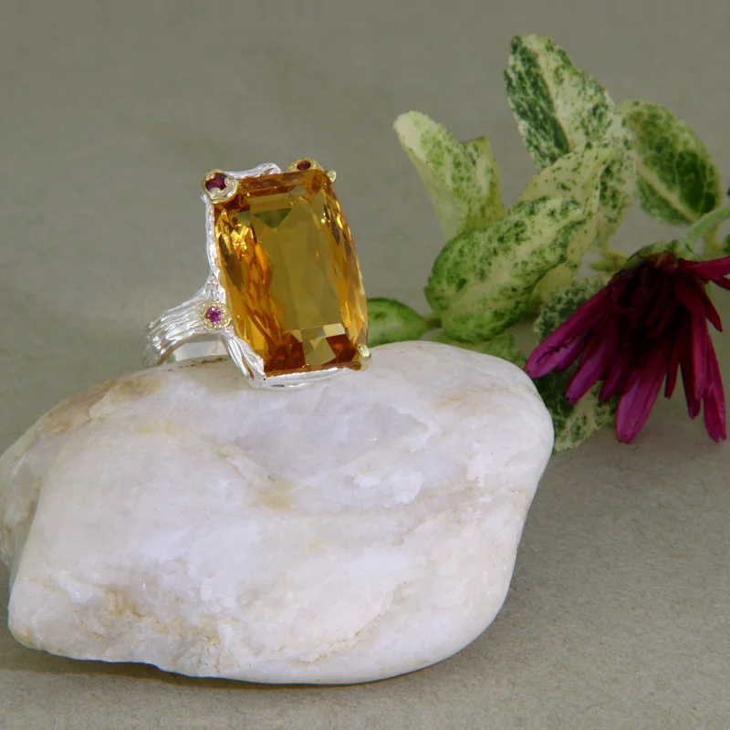 Inel Argint 925 Accente Aurite Citrin Granat Naturale - Rafinament Handmade