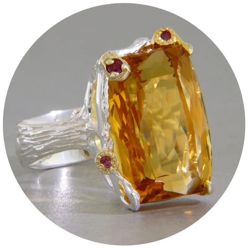 Inel Argint 925 Accente Aurite Citrin Granat Naturale - Rafinament Handmade