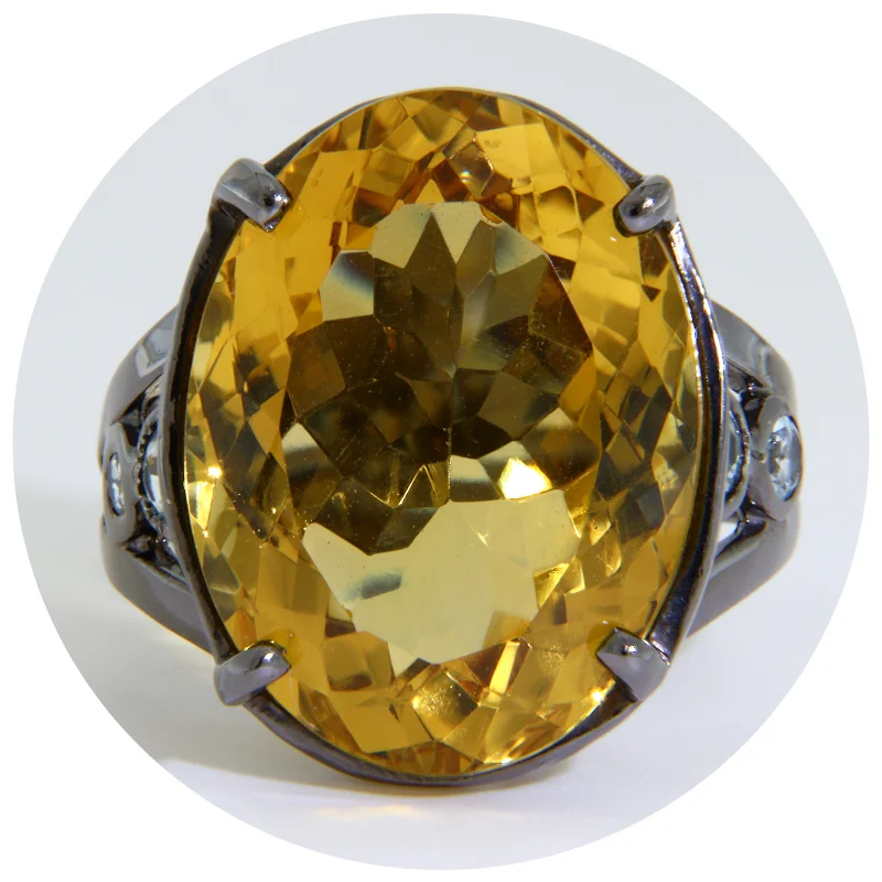 Inel Argint 925 Rodiat Negru Citrin Topaz Naturale - Stralucire si Energie Pozitiva