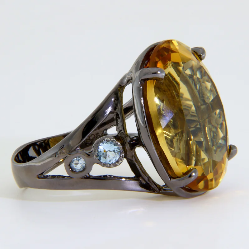 Inel Argint 925 Rodiat Negru Citrin Topaz Naturale - Stralucire si Energie Pozitiva