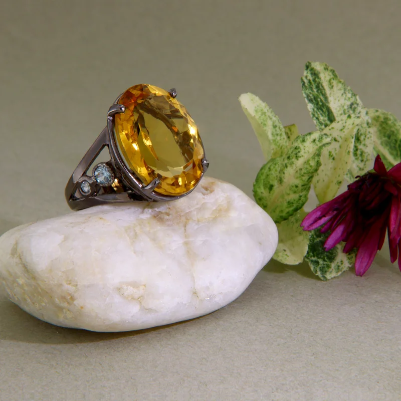 Inel Argint 925 Rodiat Negru Citrin Topaz Naturale - Stralucire si Energie Pozitiva