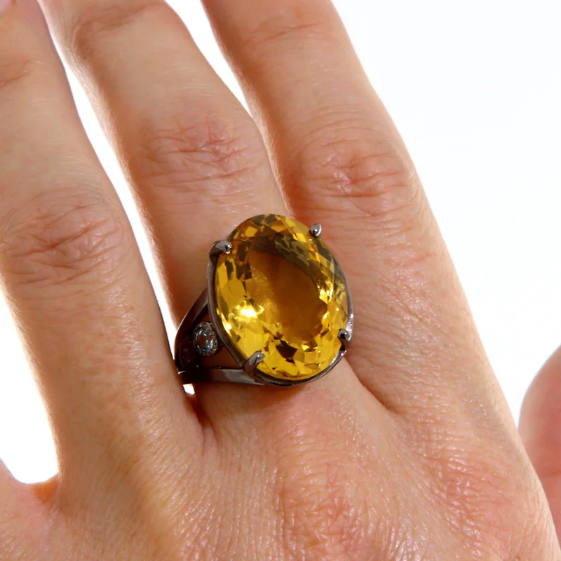 Inel Argint 925 Rodiat Negru Citrin Topaz Naturale - Stralucire si Energie Pozitiva