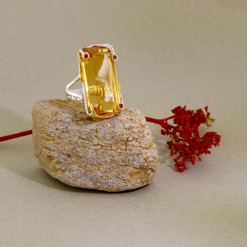 Inel Statement Argint 925 Accente Aurite Citrin Granat Naturale - Sofisticat si Modern