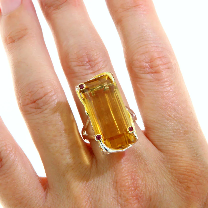Inel Statement Argint 925 Accente Aurite Citrin Granat Naturale - Sofisticat si Modern