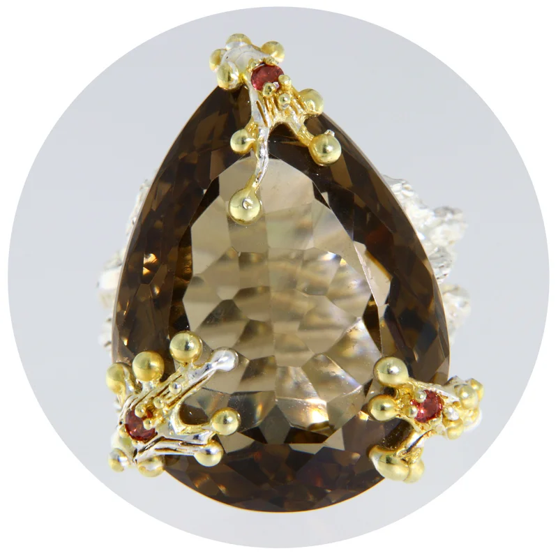 Inel Statement Argint 925 Accente Aurii Cuart Fumuriu Granat Naturale