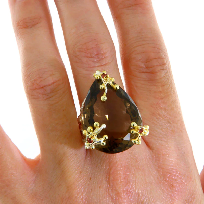 Inel Statement Argint 925 Accente Aurii Cuart Fumuriu Granat Naturale