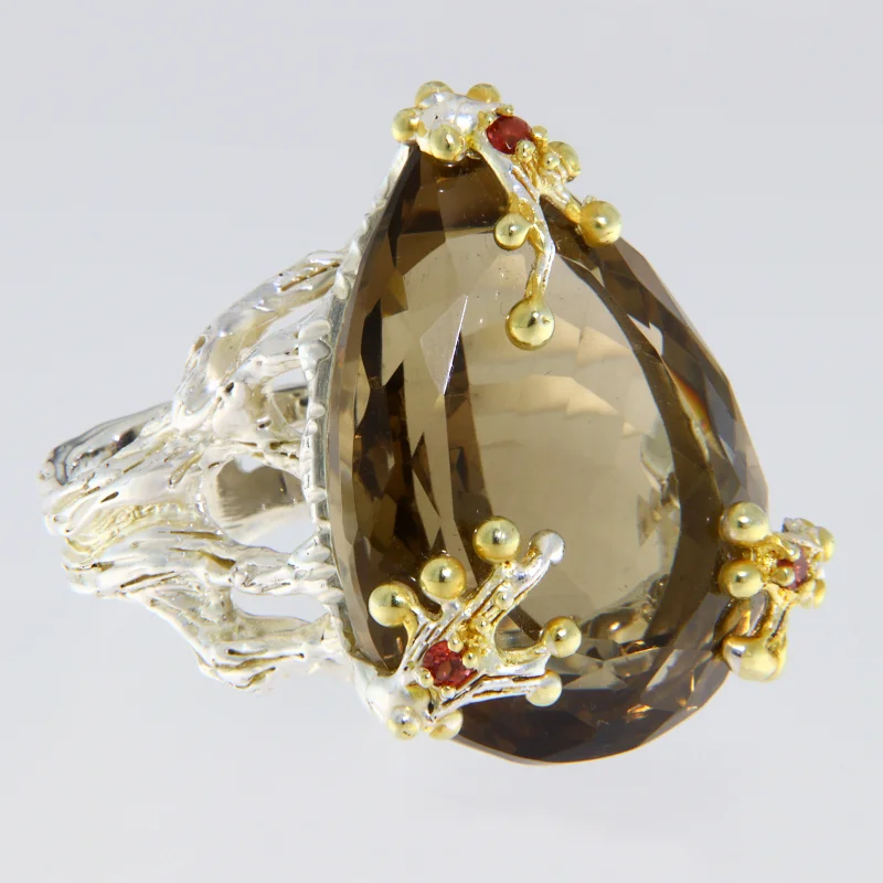 Inel Statement Argint 925 Accente Aurii Cuart Fumuriu Granat Naturale