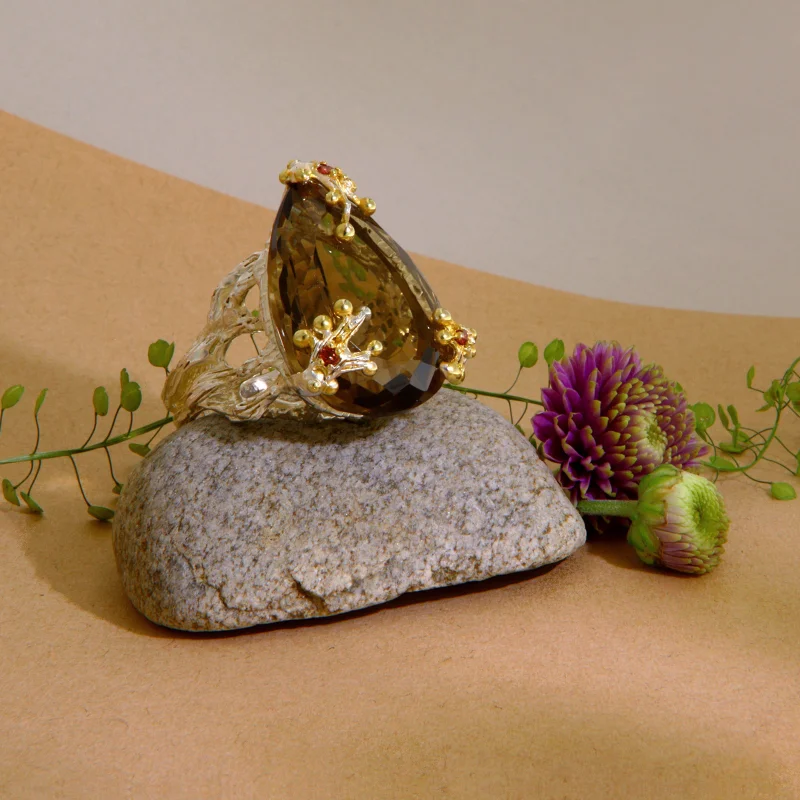 Inel Statement Argint 925 Accente Aurii Cuart Fumuriu Granat Naturale