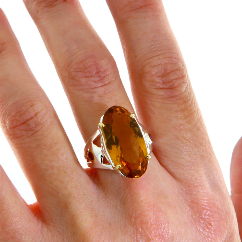 Inel Statement Argint 925 Accente Aurite Citrin Granat Naturale - Contrast Armonios
