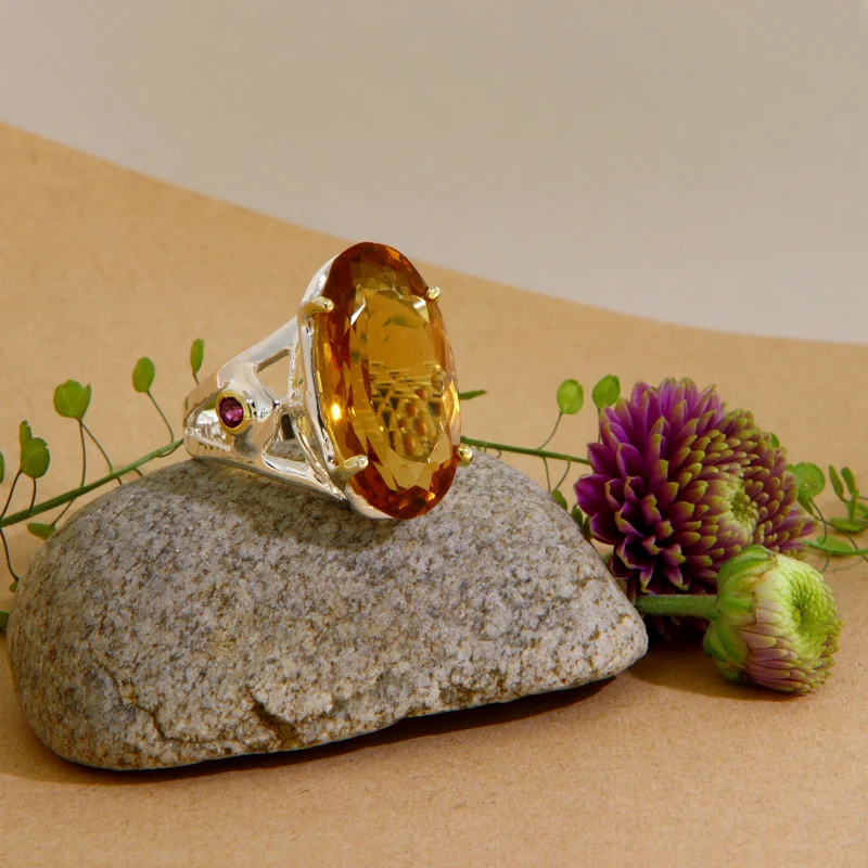 Inel Statement Argint 925 Accente Aurite Citrin Granat Naturale - Contrast Armonios