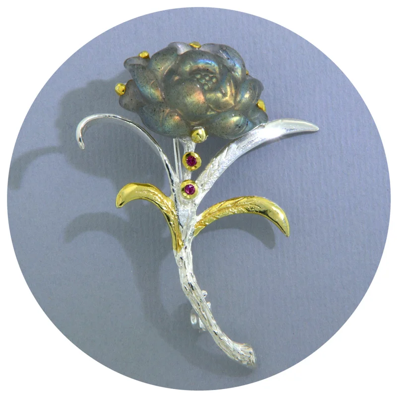 Brosa Argint 925 Accente Aurite Labradorit Gravat Manual Rodolit Naturale - Trandafir Rose