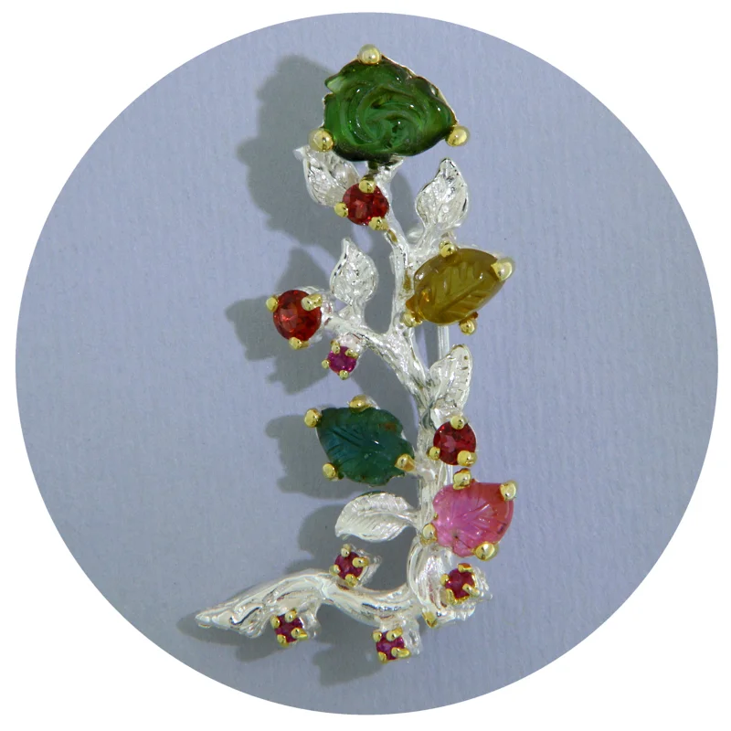 Brosa Argint 925 Accente Aurite Turmalina Multicolora Gravata Granat Naturale Trandafir