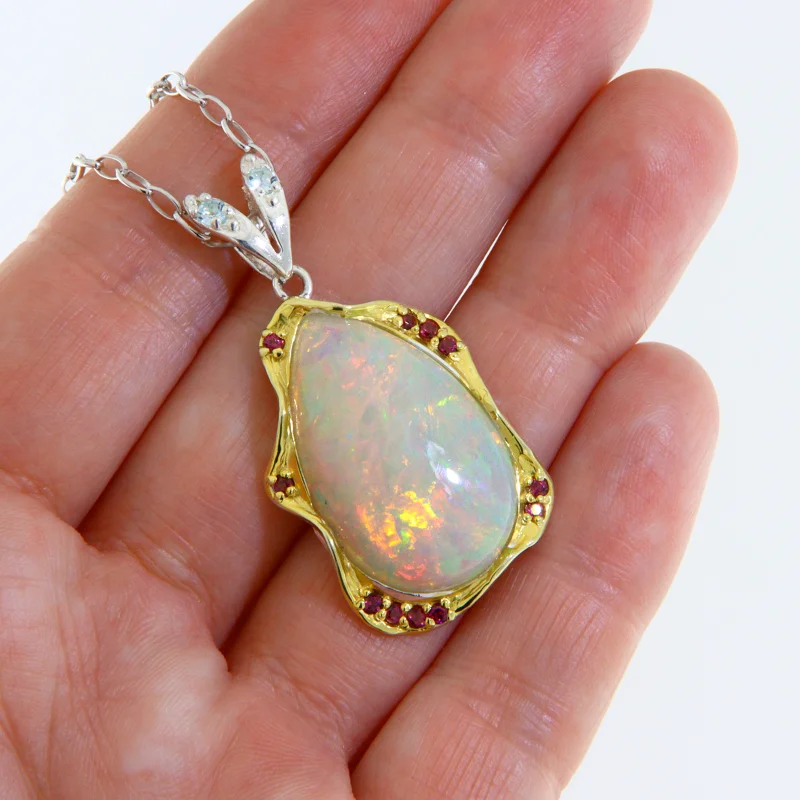  Pandantiv Argint 925 Accente Aurite Opal Etiopian Granat Rodolit - Design Modern Fluid