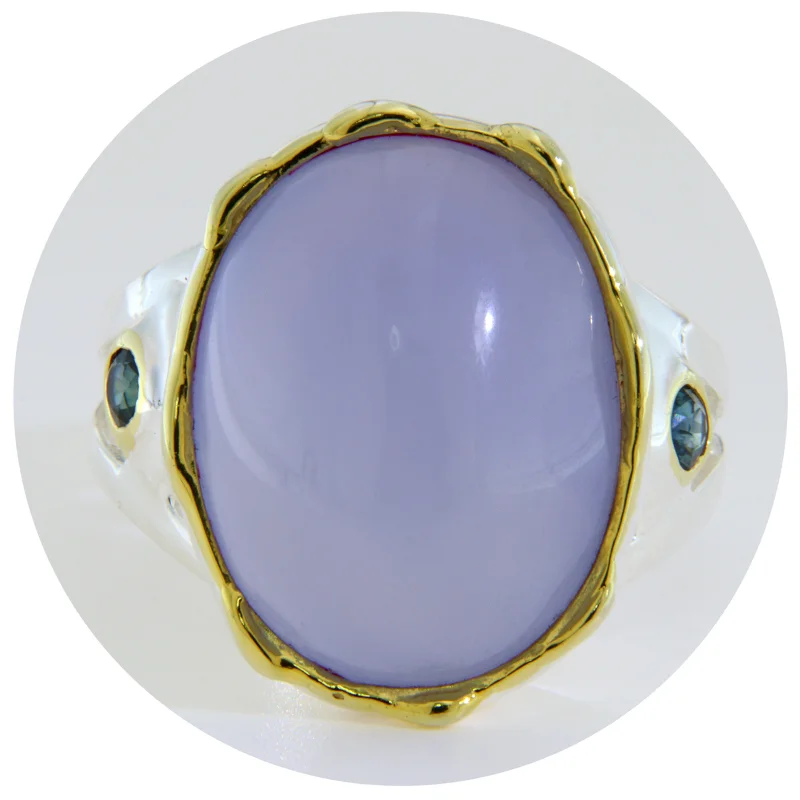 Inel Argint 925 Accente Aurite Calcedonie Safir Albastru Naturale - Elegant, Linii Fluide