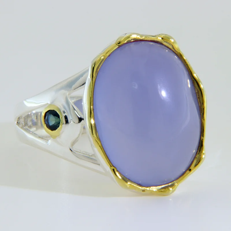 Inel Argint 925 Accente Aurite Calcedonie Safir Albastru Naturale - Elegant, Linii Fluide