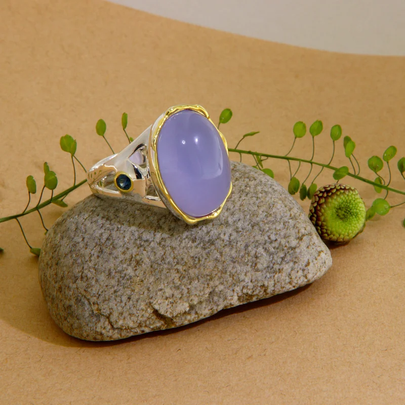 Inel Argint 925 Accente Aurite Calcedonie Safir Albastru Naturale - Elegant, Linii Fluide
