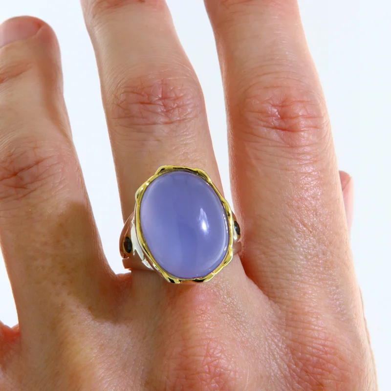 Inel Argint 925 Accente Aurite Calcedonie Safir Albastru Naturale - Elegant, Linii Fluide