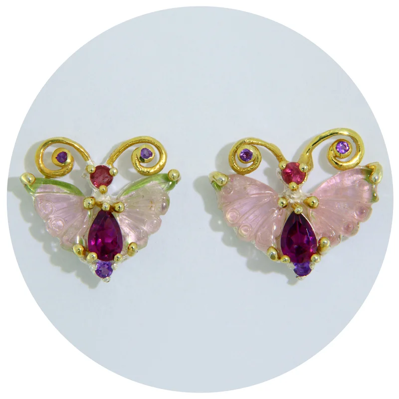 Cercei Stud Argint 925 Accente Aurite Turmalina Watermelon Rodolit Ametist Naturale Fluturi in zbor