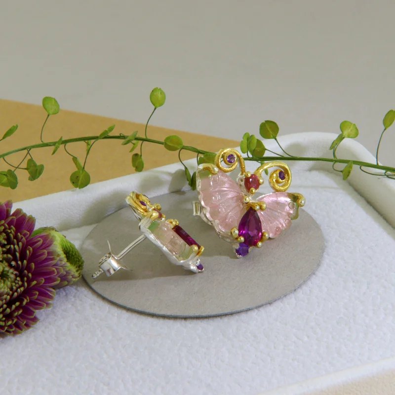 Cercei Stud Argint 925 Accente Aurite Turmalina Watermelon Rodolit Ametist Naturale Fluturi in zbor