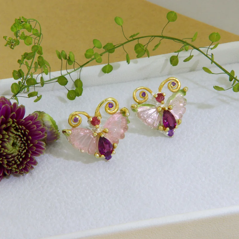 Cercei Stud Argint 925 Accente Aurite Turmalina Watermelon Rodolit Ametist Naturale Fluturi in zbor