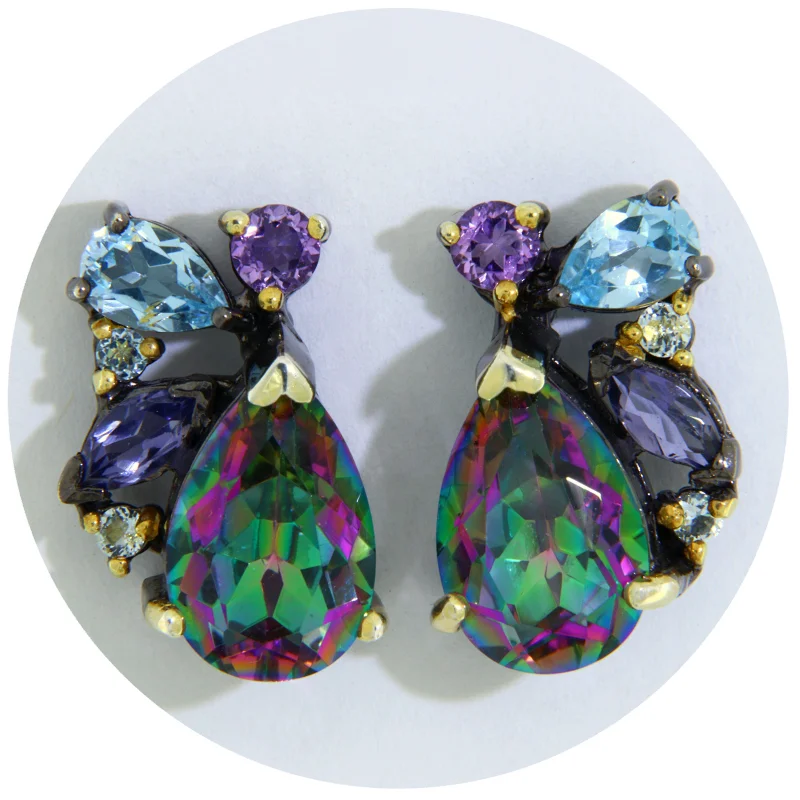 Cercei Stud Argint 925 Rodiu Negru Accente Aurite Topaz Mistic Ametist Naturale