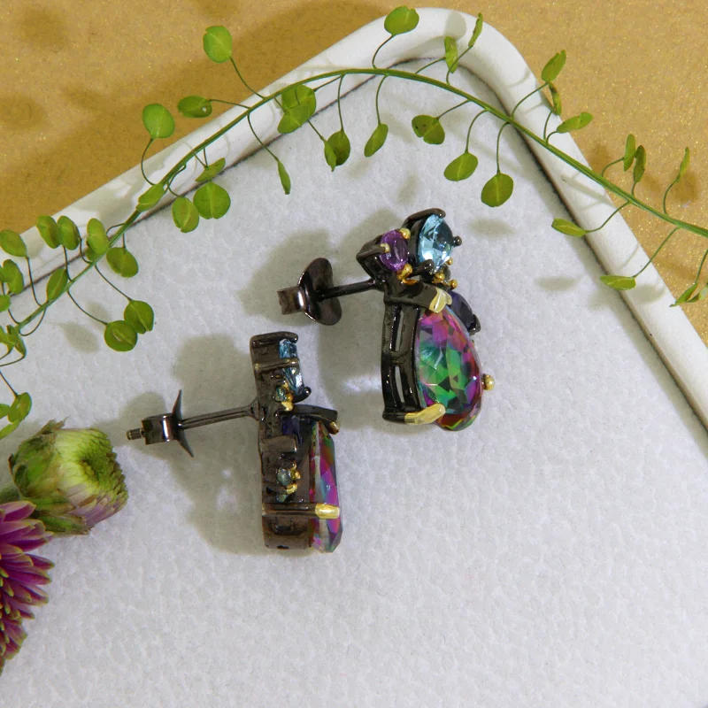 Cercei Stud Argint 925 Rodiu Negru Accente Aurite Topaz Mistic Ametist Naturale