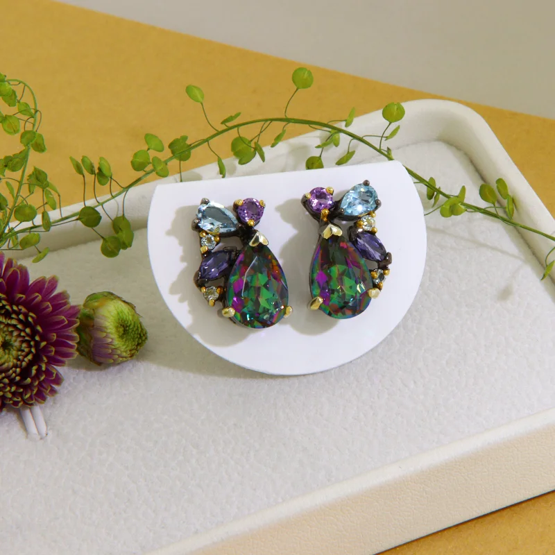 Cercei Stud Argint 925 Rodiu Negru Accente Aurite Topaz Mistic Ametist Naturale