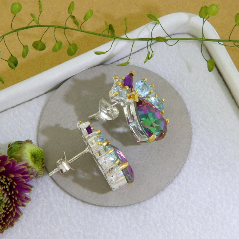 Cercei Stud Argint 925 Accente Aurite Topaz Mistic Topaz Ametist Naturale - Stralucire Moderna