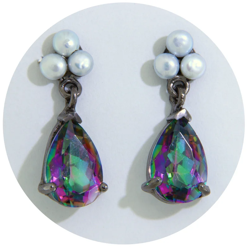 Cercei Stud Argint 925 Rodiu Negru Topaz Mistic Perla Naturale - Eleganti si Distincti