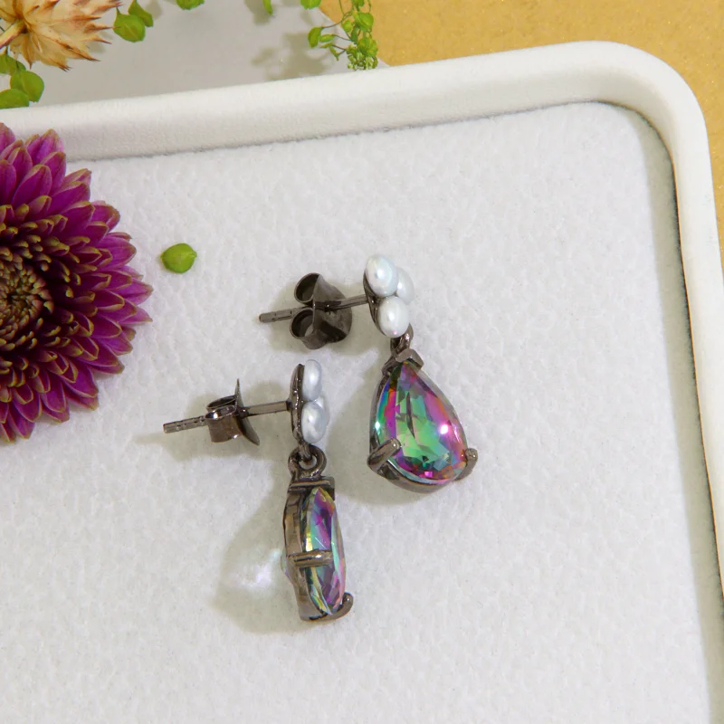 Cercei Stud Argint 925 Rodiu Negru Topaz Mistic Perla Naturale - Eleganti si Distincti