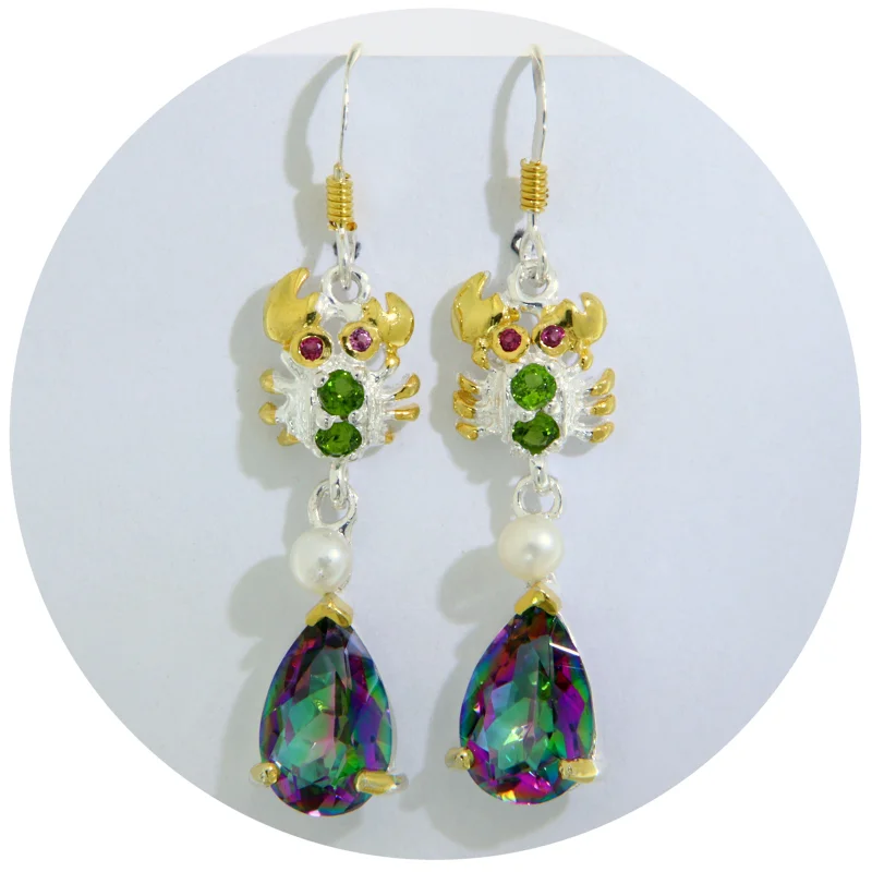 Cercei Argint 925 Accente Aurite Topaz Mistic Perla Peridot Raci Naturale 