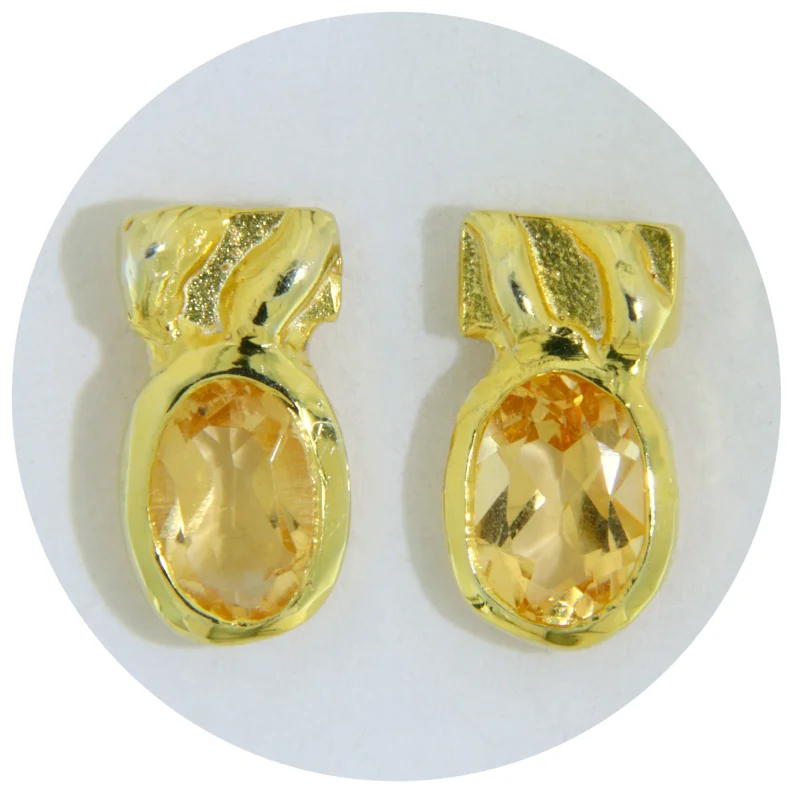 Cercei Stud Argint 925 Auriti Citrin Natural - Moderni si Rafinati