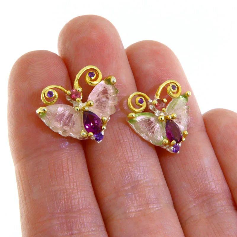 Cercei Stud Argint 925 Accente Aurite Turmalina Watermelon Rodolit Ametist Naturale Fluturi in zbor