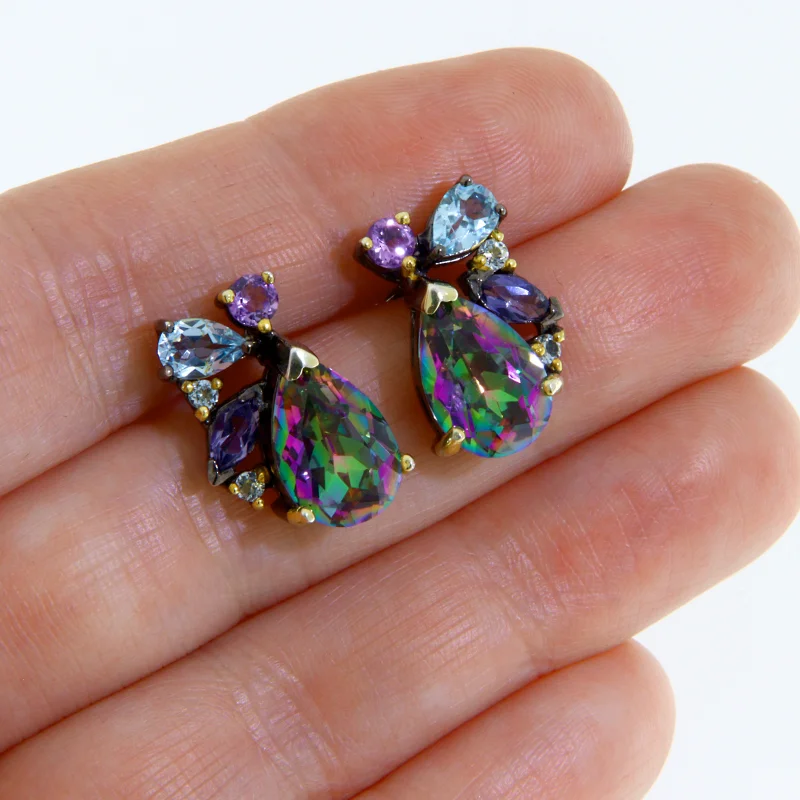 Cercei Stud Argint 925 Rodiu Negru Accente Aurite Topaz Mistic Ametist Naturale