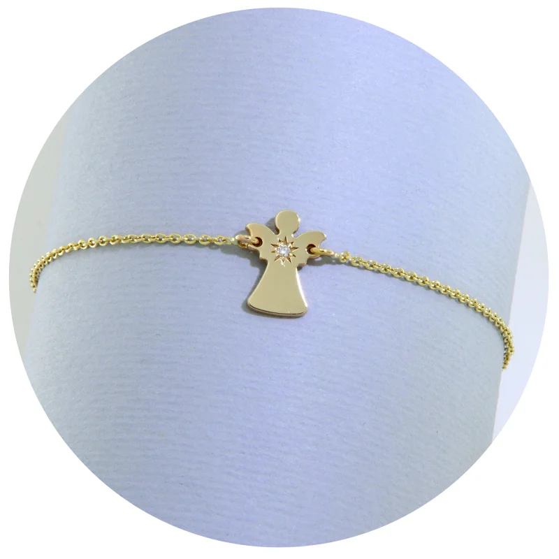 Bratara cu Lant Aur Galben 14k Ingeras Diamant Natural - Protectie si Eleganta