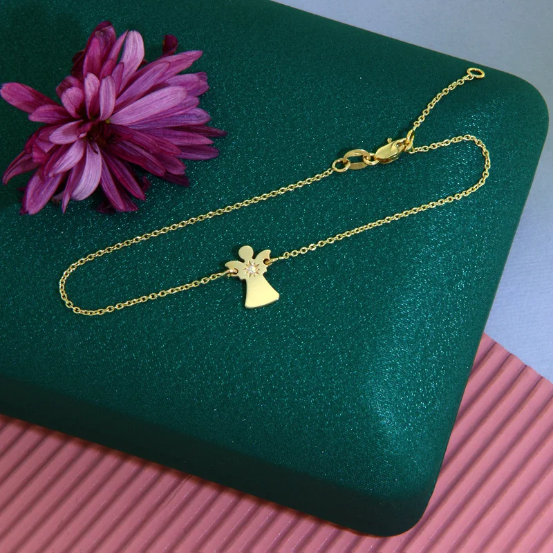 Bratara cu Lant Aur Galben 14k Ingeras Diamant Natural - Protectie si Eleganta