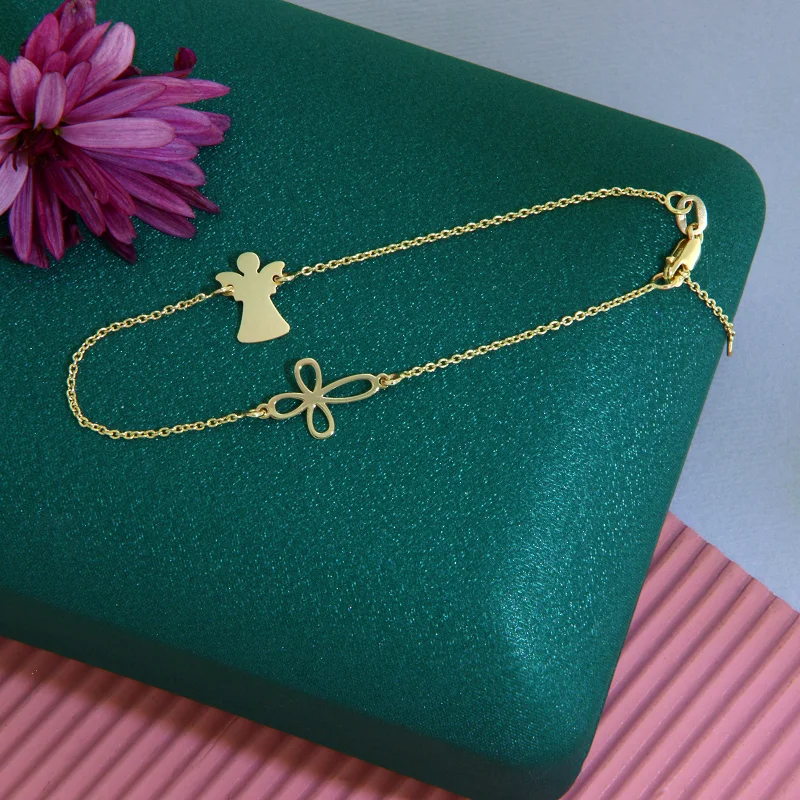 Bratara cu Lant Aur Galben 14k Ingeras si Cruciulita - Spiritualitate si Eleganta