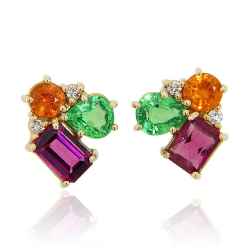 Cercei Aur 14k Granate Mandarin Tsavorit Rodolit Diamante Naturale - Trio de Exceptie