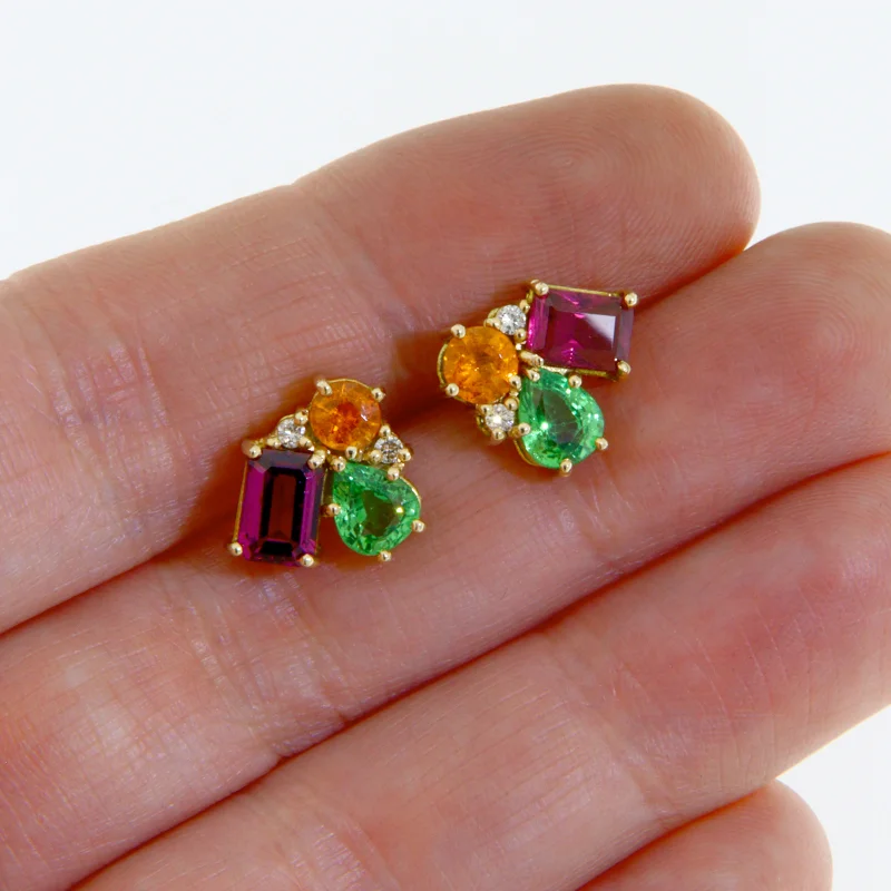 Cercei Aur 14k Granate Mandarin Tsavorit Rodolit Diamante Naturale - Trio de Exceptie