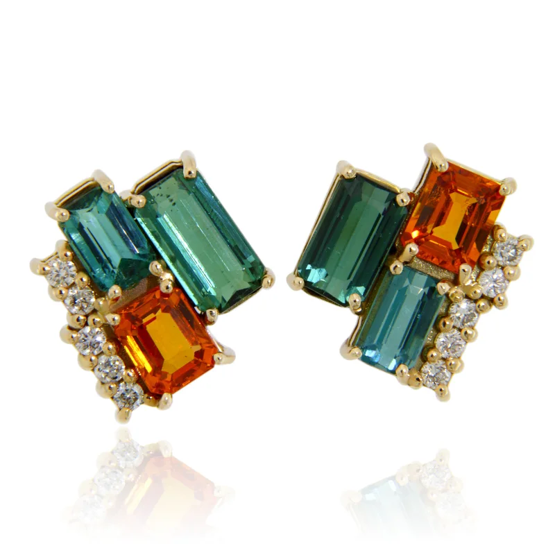 Cercei Stud Aur Galben 14k Turmalina Safir Orange Diamante TTLB Naturale - Combinatii Rafinate