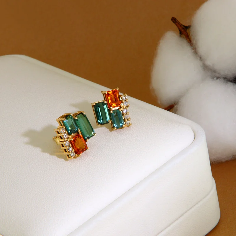 Cercei Stud Aur Galben 14k Turmalina Safir Orange Diamante TTLB Naturale - Combinatii Rafinate