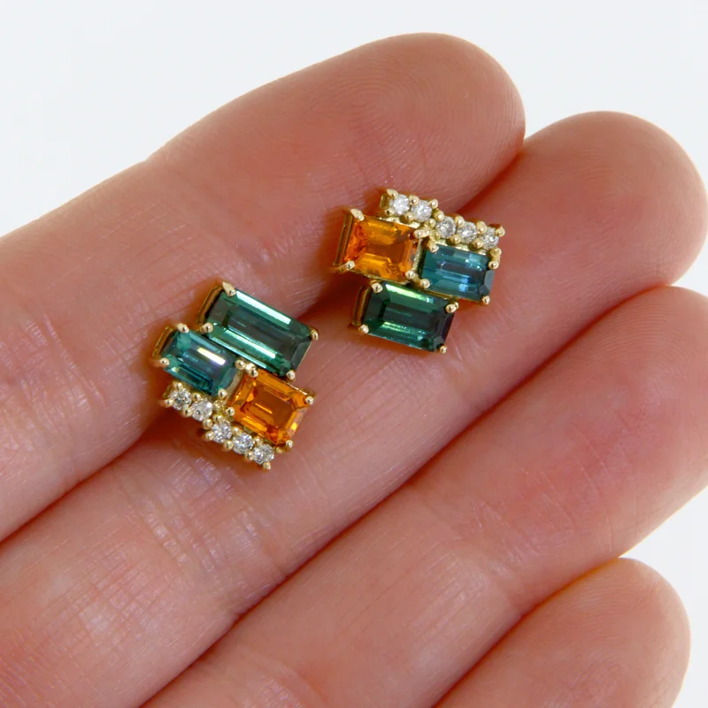 Cercei Stud Aur Galben 14k Turmalina Safir Orange Diamante TTLB Naturale - Combinatii Rafinate