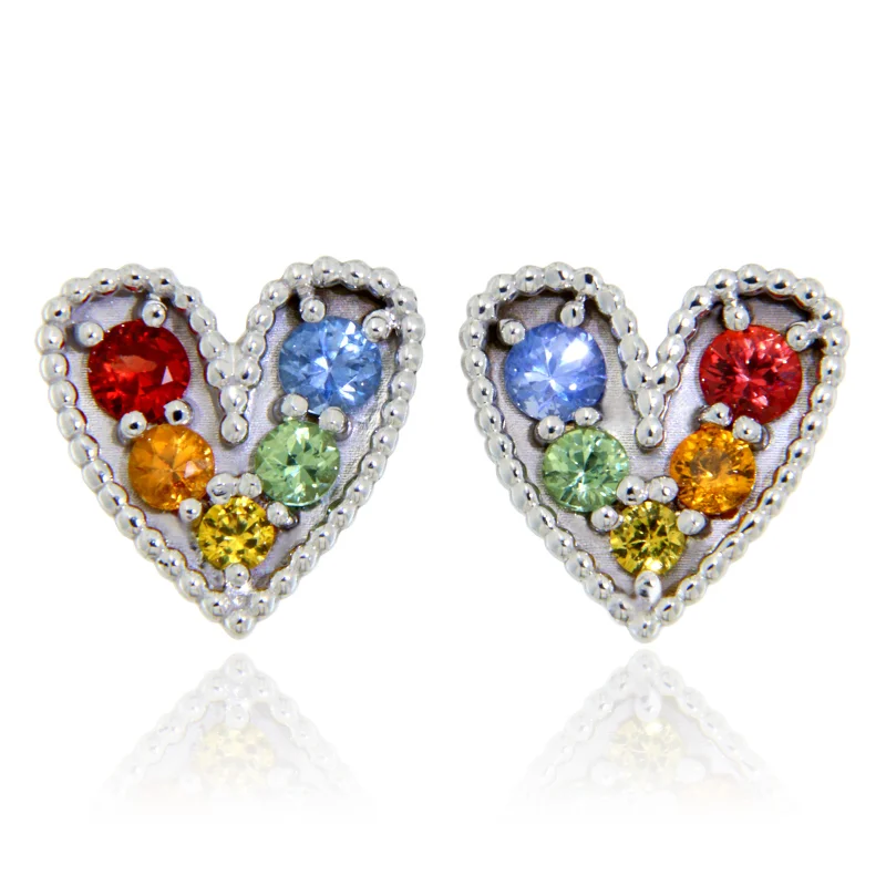 Cercei Stud Aur Alb 14k Safire Multicolore Naturale Inimi - Eleganta Jucausa