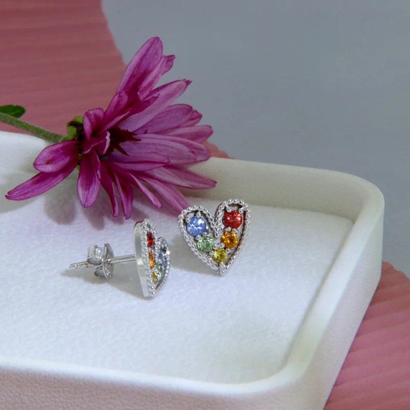 Cercei Stud Aur Alb 14k Safire Multicolore Naturale Inimi - Eleganta Jucausa