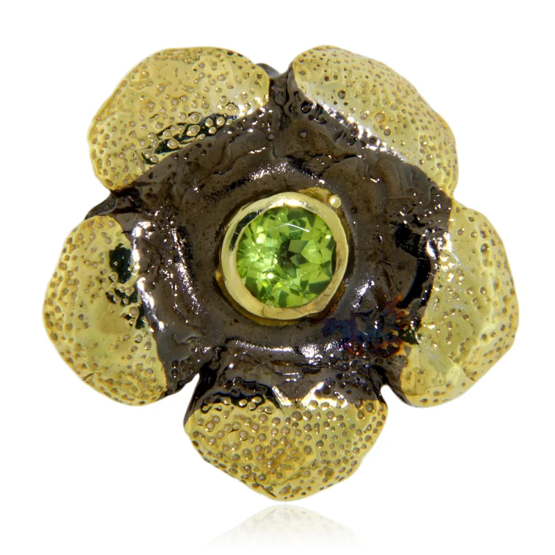 Pandantiv Argint 925 Rodiat Negru Accente Aurite Peridot Natural - Floare Rafinata