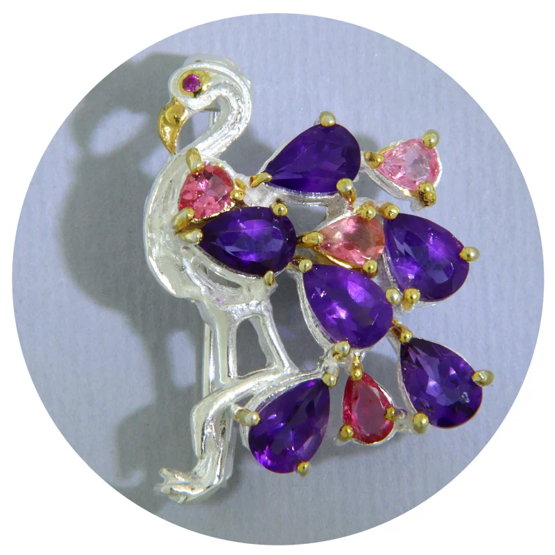 Brosa Argint 925 Accente Aurite Ametist Turmalina Roz Naturale