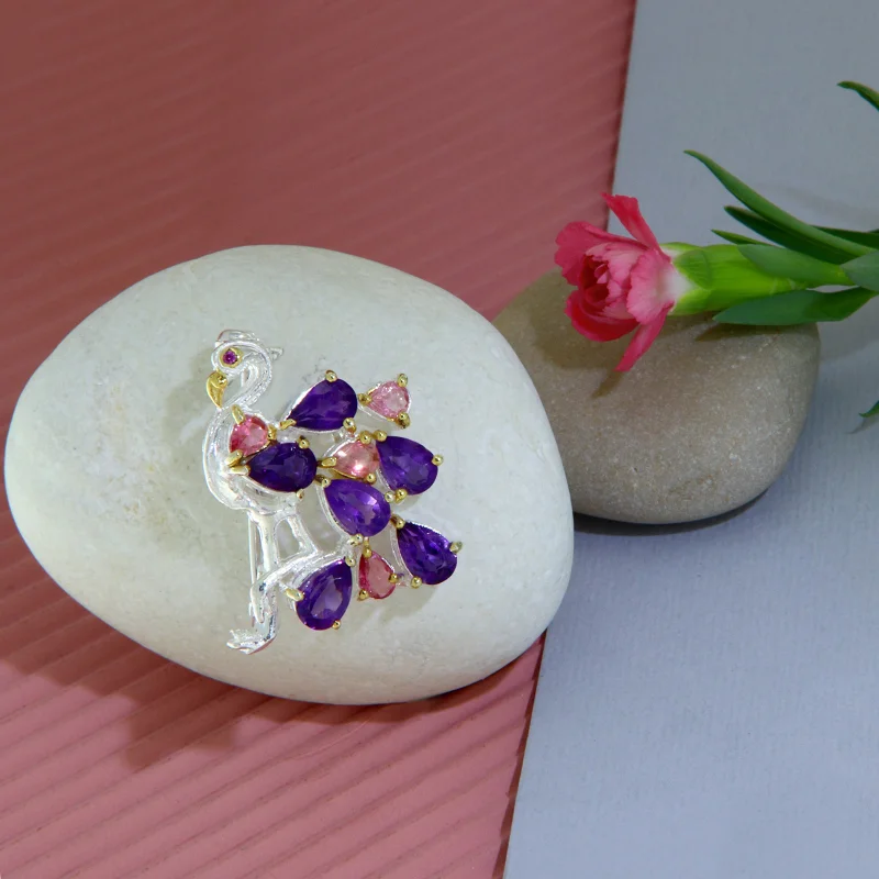 Brosa Argint 925 Accente Aurite Ametist Turmalina Roz Naturale