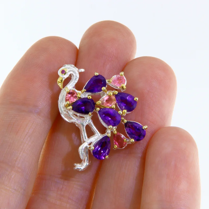 Brosa Argint 925 Accente Aurite Ametist Turmalina Roz Naturale