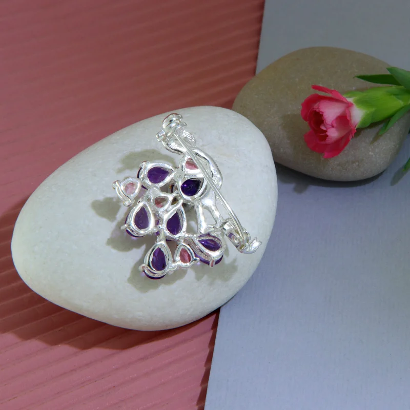 Brosa Argint 925 Accente Aurite Ametist Turmalina Roz Naturale